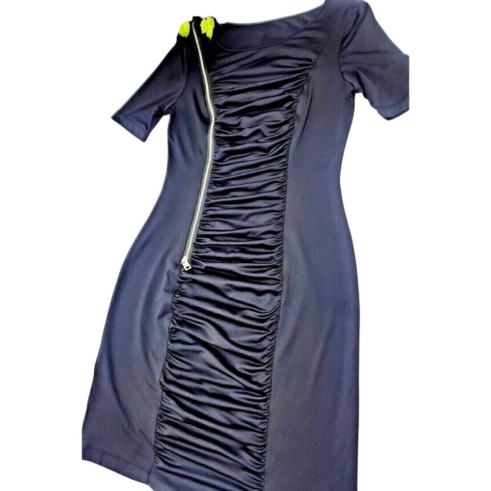 Y2k Goth Andrew Marc New York Dress Size S Black Ruched Zipper Stretch Bodycon